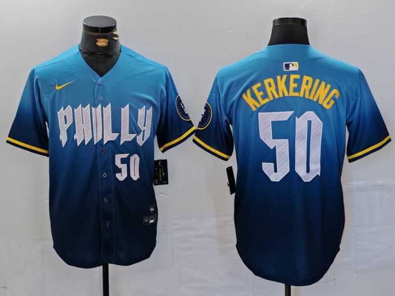 Mens Philadelphia Phillies #50 Orion Kerkering Number Blue 2024 City Connect Limited Stitched Jersey